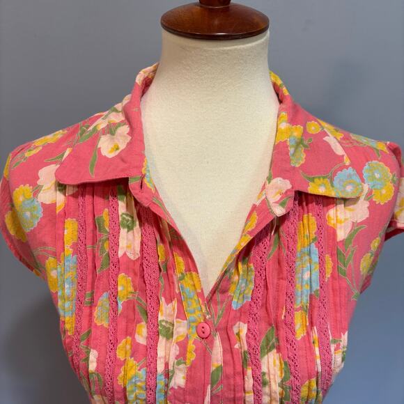 Cottagecore floral print button-down April Cornell dress, pink, size Medium - Picture 3 of 13